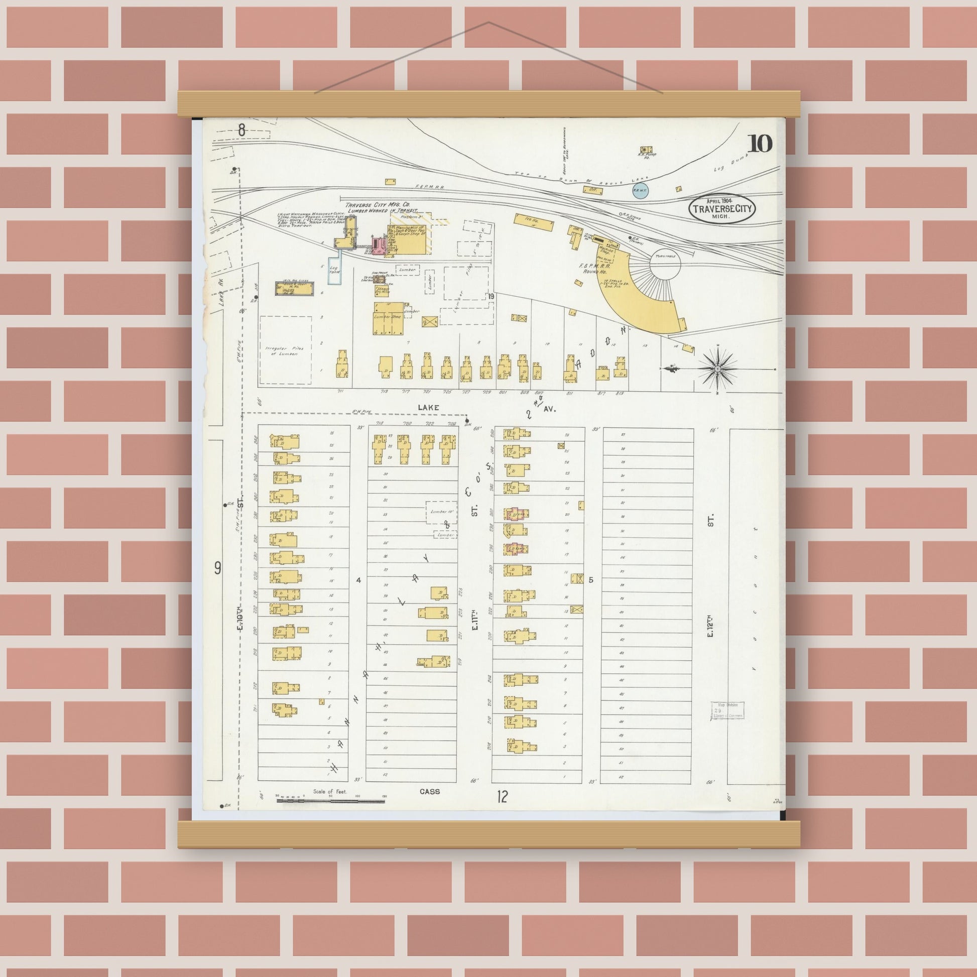 Old map wall art mockup — magnetic wood frame on brick wall — Sanborn Fire Insurance Map from Traverse City, Grand Traverse County, Michigan (1904), Sheet #0010