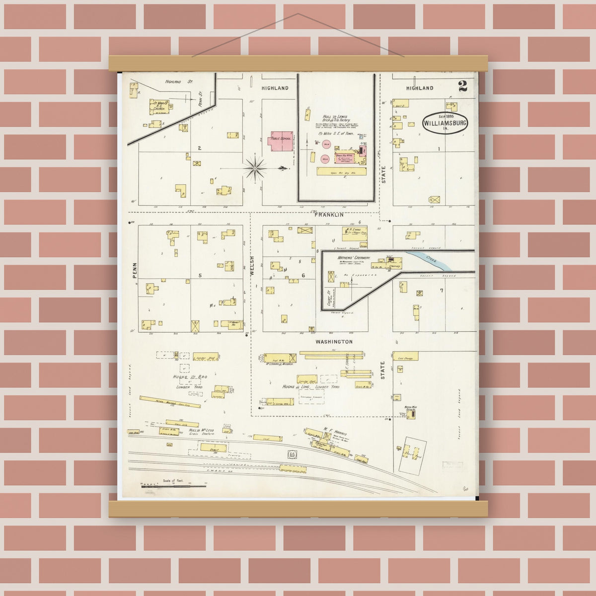 Old map wall art mockup — magnetic wood frame on brick wall — Sanborn Fire Insurance Map from Williamsburg, Iowa County, Iowa (1895), Sheet #0002