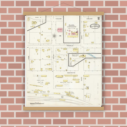 Old map wall art mockup — magnetic wood frame on brick wall — Sanborn Fire Insurance Map from Williamsburg, Iowa County, Iowa (1895), Sheet #0002