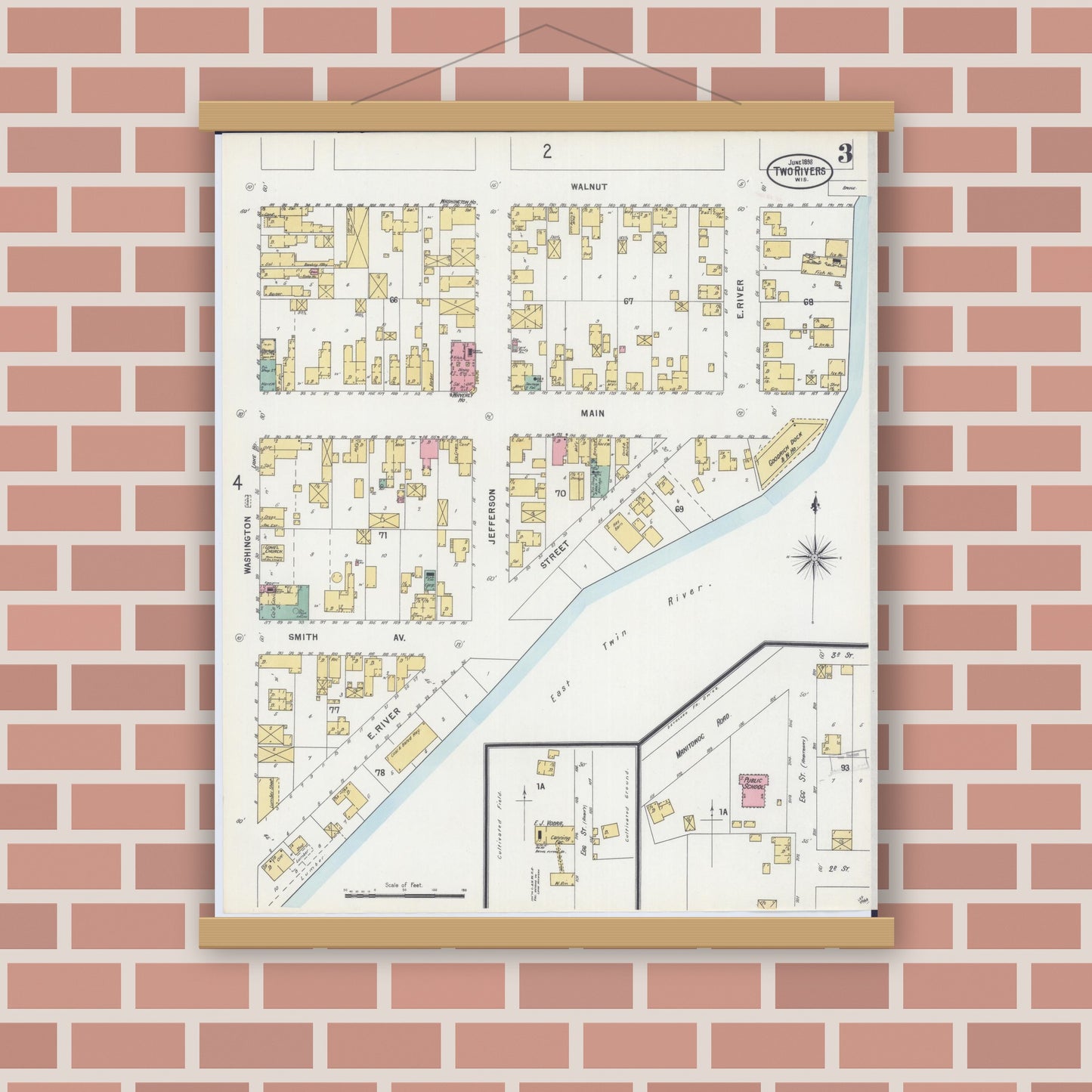 Old map wall art mockup — magnetic wood frame on brick wall — Sanborn Fire Insurance Map from Two Rivers, Manitowoc County, Wisconsin (1898), Sheet #0003