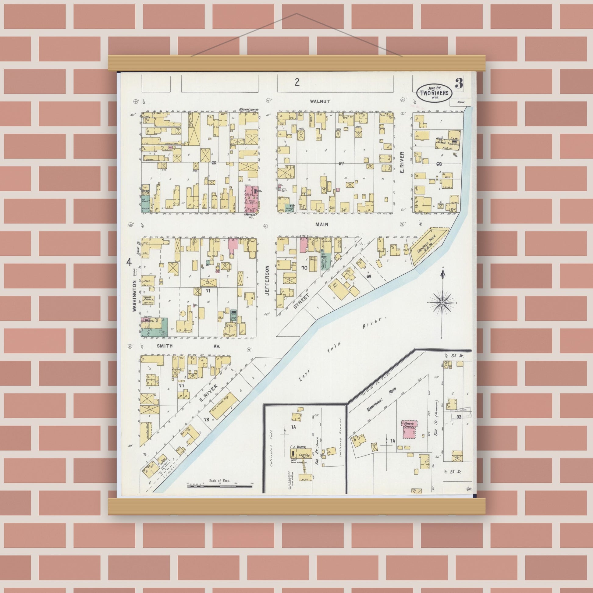 Old map wall art mockup — magnetic wood frame on brick wall — Sanborn Fire Insurance Map from Two Rivers, Manitowoc County, Wisconsin (1898), Sheet #0003