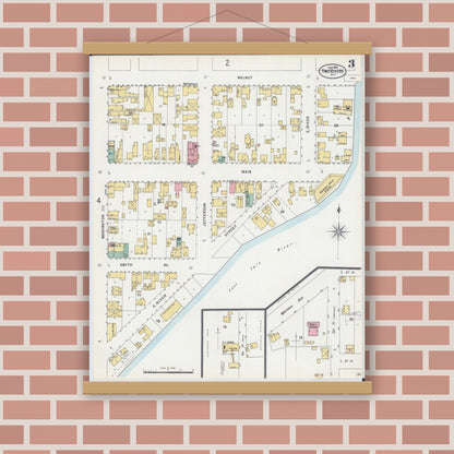 Old map wall art mockup — magnetic wood frame on brick wall — Sanborn Fire Insurance Map from Two Rivers, Manitowoc County, Wisconsin (1898), Sheet #0003