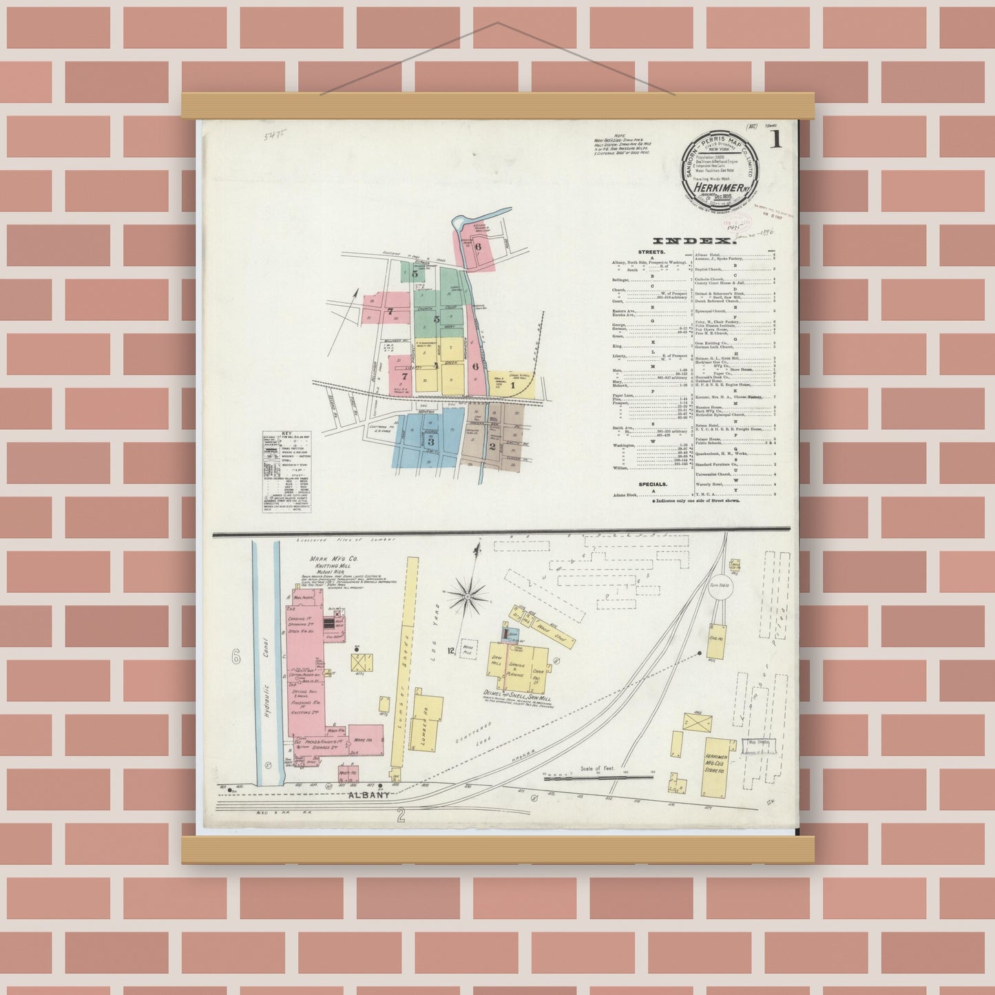 Old map wall art mockup — magnetic wood frame on brick wall — Sanborn Fire Insurance Map from Herkimer, Herkimer County, New York (1895) - Complete Map Set
