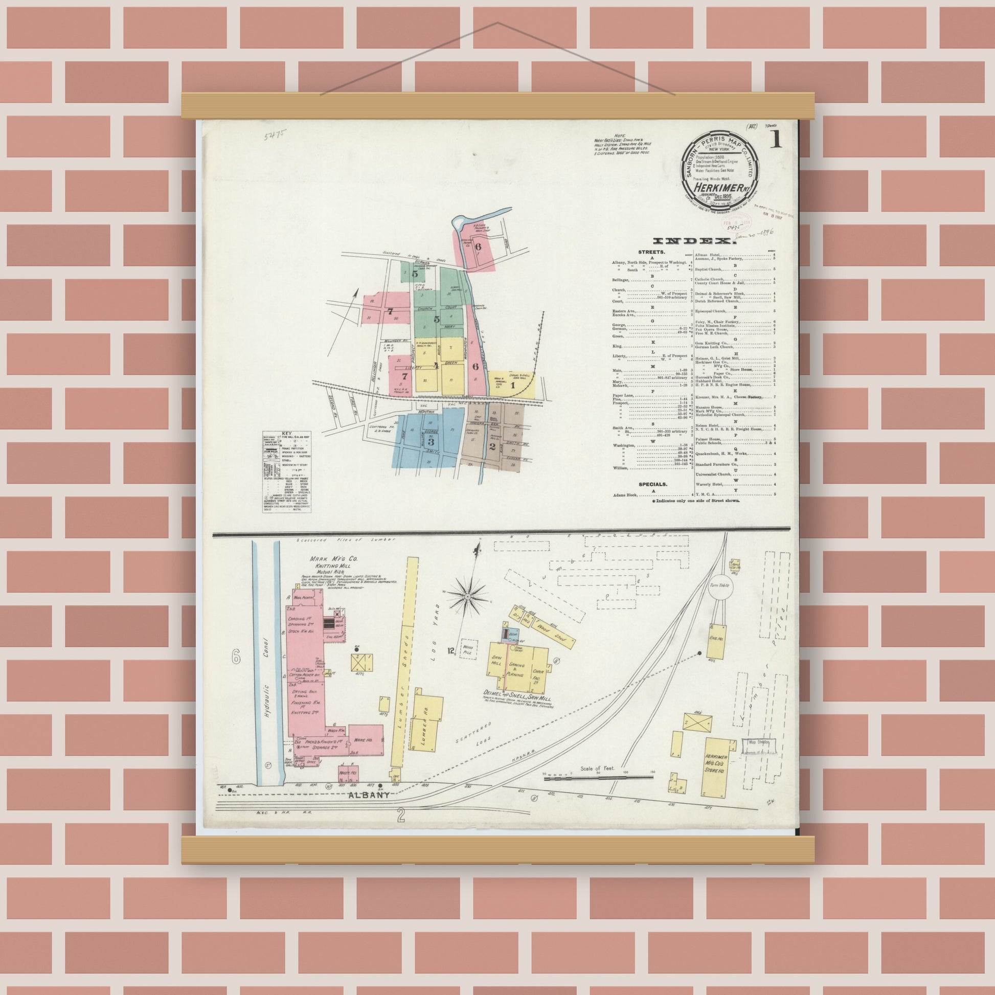 Old map wall art mockup — magnetic wood frame on brick wall — Sanborn Fire Insurance Map from Herkimer, Herkimer County, New York (1895) - Complete Map Set