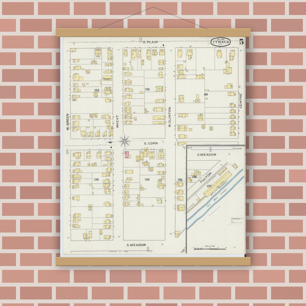 Old map wall art mockup — magnetic wood frame on brick wall — Sanborn Fire Insurance Map from Ithaca, Tompkins County, New York (1893), Sheet #0005