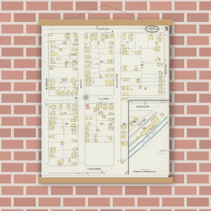 Old map wall art mockup — magnetic wood frame on brick wall — Sanborn Fire Insurance Map from Ithaca, Tompkins County, New York (1893), Sheet #0005