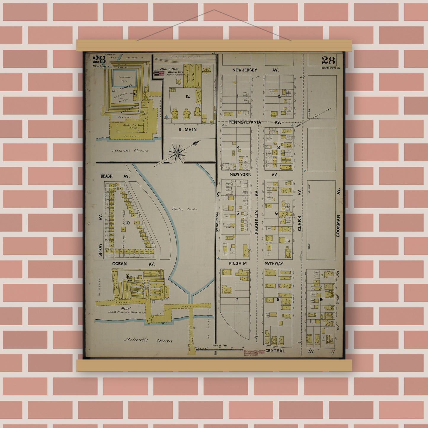 Old map wall art mockup — magnetic wood frame on brick wall — Sanborn Fire Insurance Map from New Jersey Coast, New Jersey Coast, New Jersey (1890), Sheet #0028
