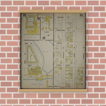 Old map wall art mockup — magnetic wood frame on brick wall — Sanborn Fire Insurance Map from New Jersey Coast, New Jersey Coast, New Jersey (1890), Sheet #0028