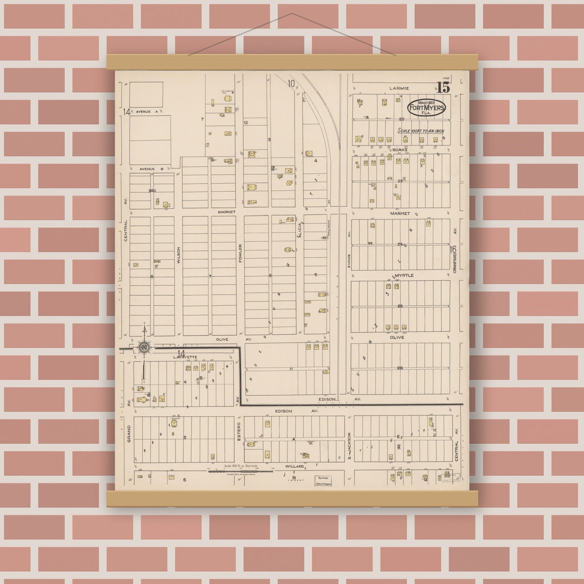 Old map wall art mockup — magnetic wood frame on brick wall — Sanborn Fire Insurance Map from Fort Myers, Lee County, Florida (1922), Sheet #0015