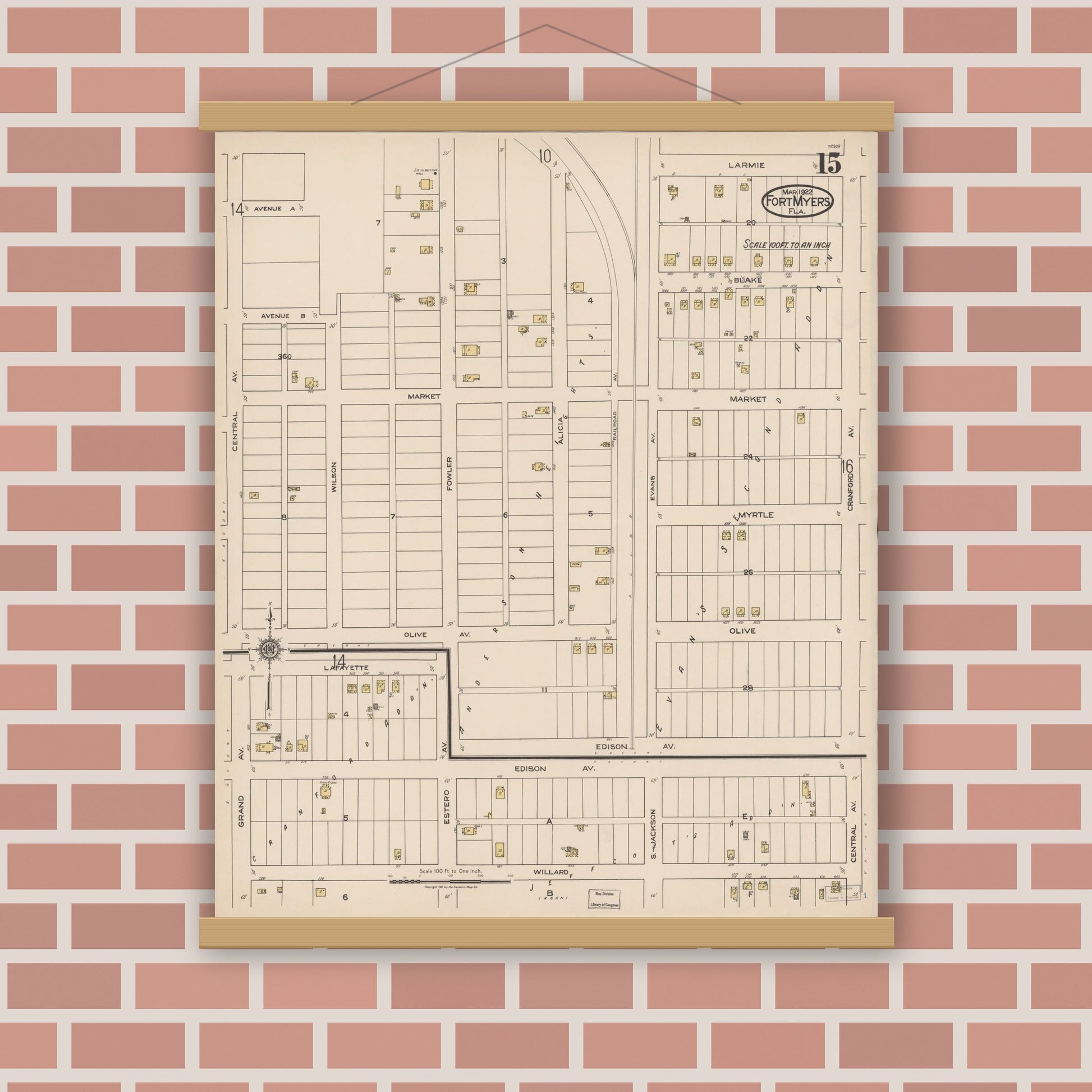 Old map wall art mockup — magnetic wood frame on brick wall — Sanborn Fire Insurance Map from Fort Myers, Lee County, Florida (1922), Sheet #0015