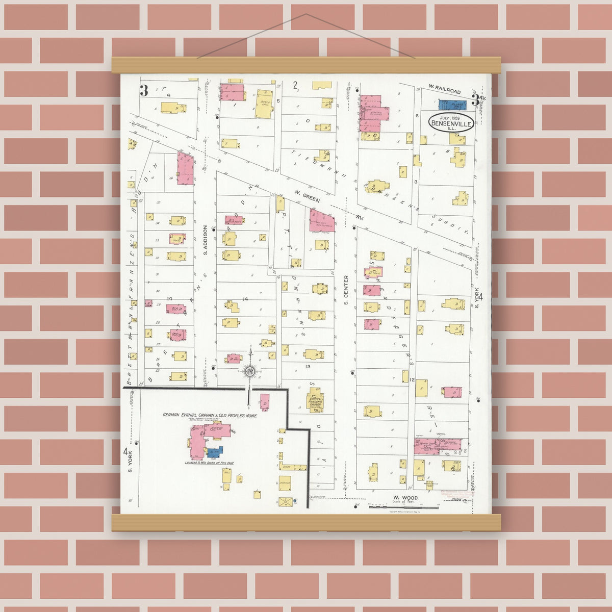 Old map wall art mockup — magnetic wood frame on brick wall — Sanborn Fire Insurance Map from Bensenville, Dupage County, Illinois (1926), Sheet #0003