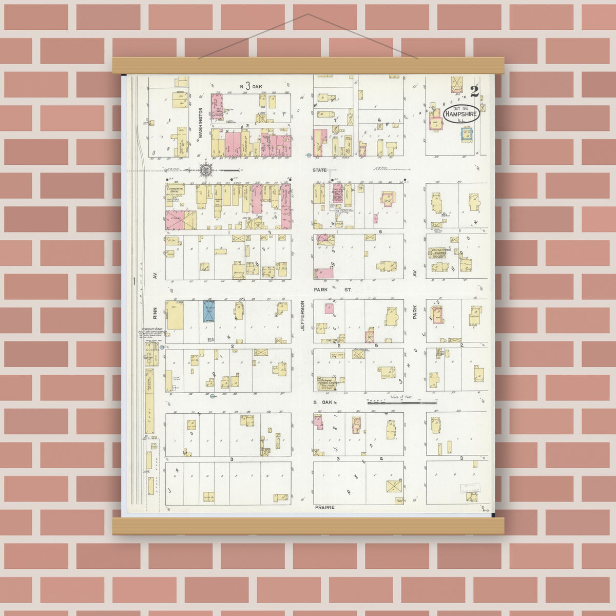 Old map wall art mockup — magnetic wood frame on brick wall — Sanborn Fire Insurance Map from Hampshire, Kane County, Illinois (1912), Sheet #0002