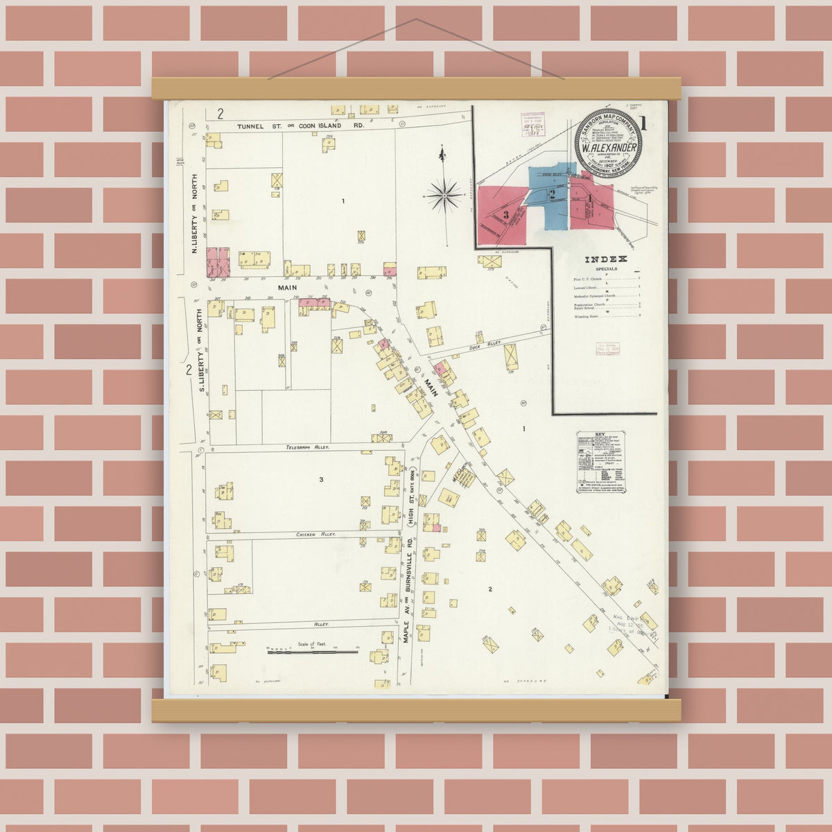 Old map wall art mockup — magnetic wood frame on brick wall — Sanborn Fire Insurance Map from West Alexander, Washington County, Pennsylvania (1907) - Complete Map Set