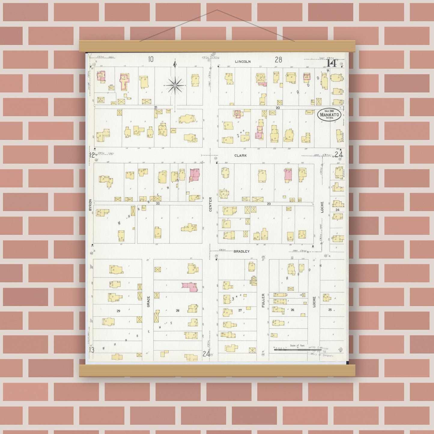 Old map wall art mockup — magnetic wood frame on brick wall — Sanborn Fire Insurance Map from Mankato, Blue Earth County, Minnesota (1908), Sheet #0014