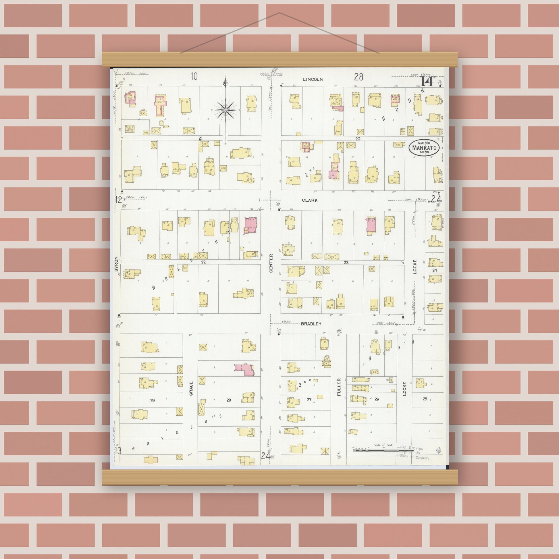 Old map wall art mockup — magnetic wood frame on brick wall — Sanborn Fire Insurance Map from Mankato, Blue Earth County, Minnesota (1908), Sheet #0014