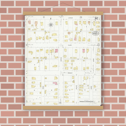 Old map wall art mockup — magnetic wood frame on brick wall — Sanborn Fire Insurance Map from Mankato, Blue Earth County, Minnesota (1908), Sheet #0014