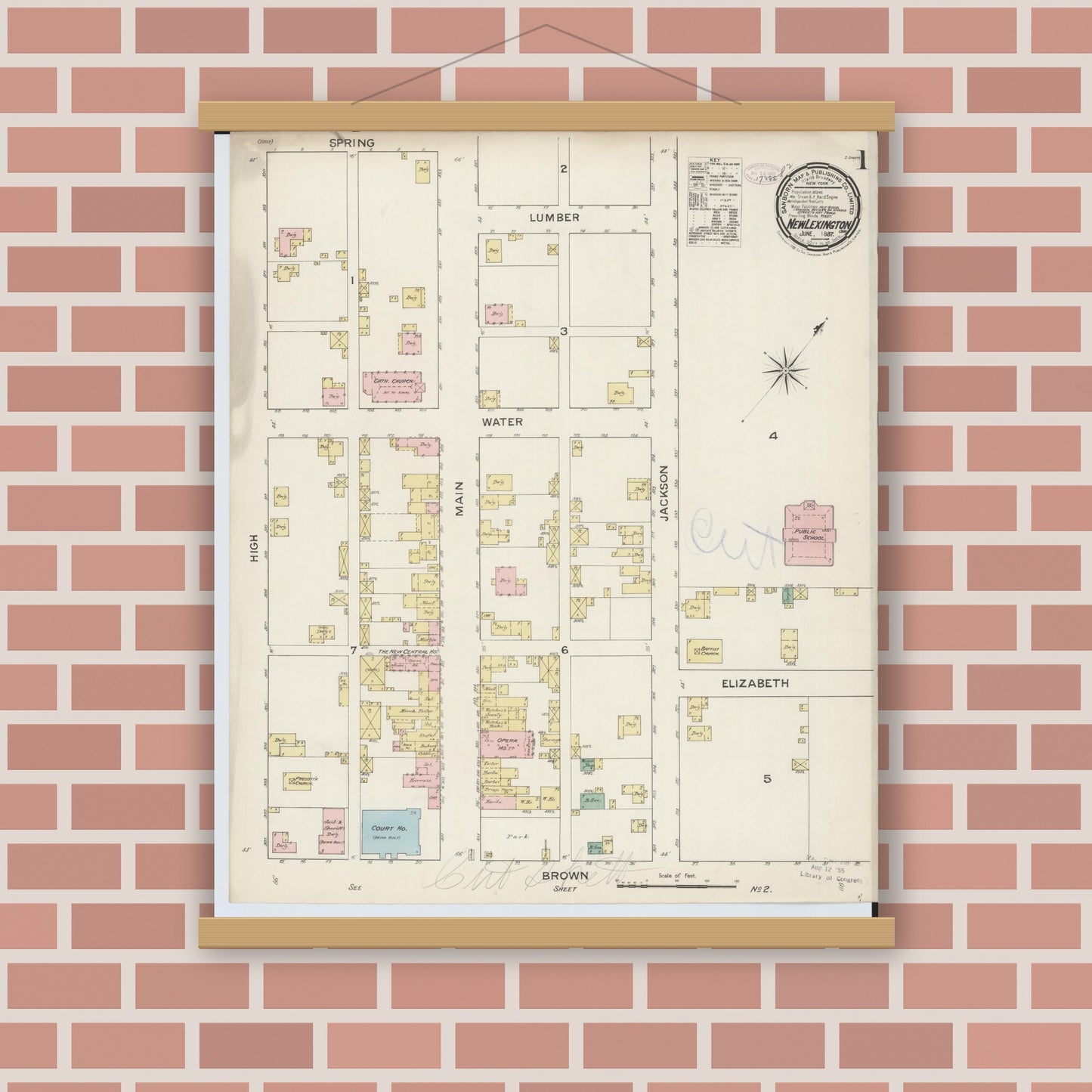 Old map wall art mockup — magnetic wood frame on brick wall — Sanborn Fire Insurance Map from New Lexington, Perry County, Ohio (1887) - Complete Map Set