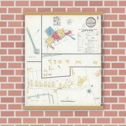 Old map wall art mockup — magnetic wood frame on brick wall — Sanborn Fire Insurance Map from Edgartown, Dukes County, Massachusetts (1904) - Complete Map Set