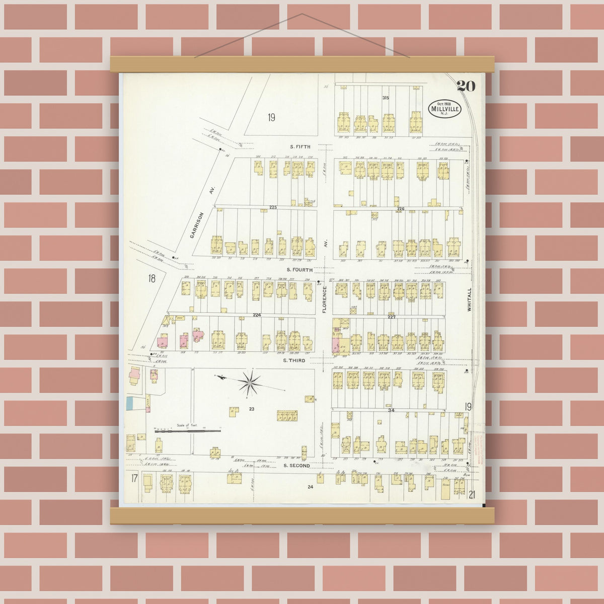 Old map wall art mockup — magnetic wood frame on brick wall — Sanborn Fire Insurance Map from Millville, Cumberland County, New Jersey (1908), Sheet #0020