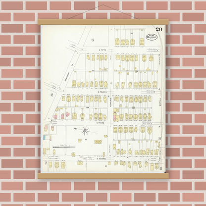 Old map wall art mockup — magnetic wood frame on brick wall — Sanborn Fire Insurance Map from Millville, Cumberland County, New Jersey (1908), Sheet #0020