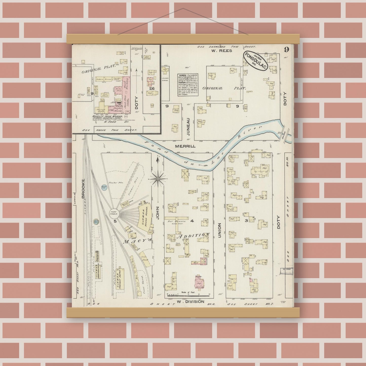 Old map wall art mockup — magnetic wood frame on brick wall — Sanborn Fire Insurance Map from Fond du Lac, Fond du Lac County, Wisconsin (1884), Sheet #0009
