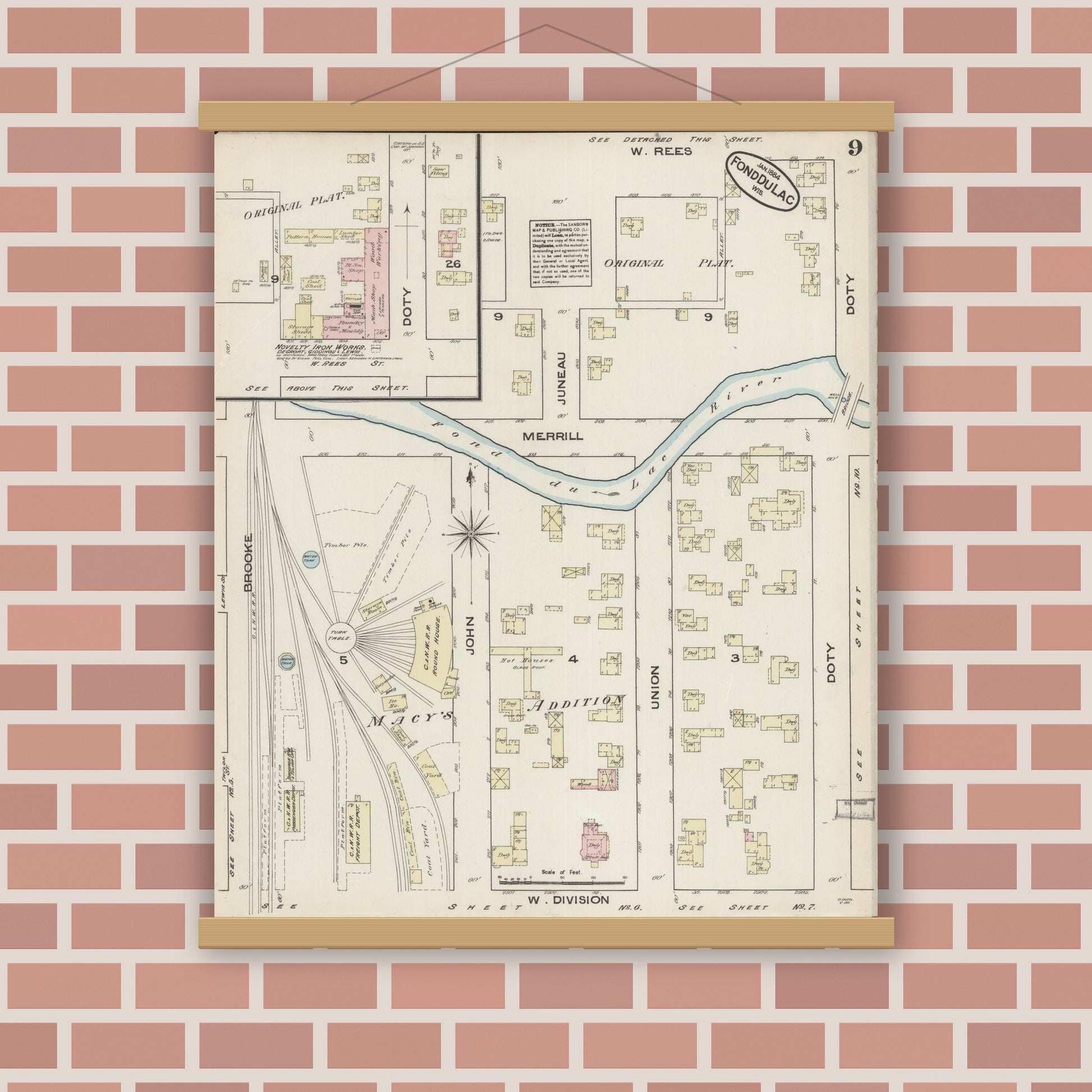 Old map wall art mockup — magnetic wood frame on brick wall — Sanborn Fire Insurance Map from Fond du Lac, Fond du Lac County, Wisconsin (1884), Sheet #0009