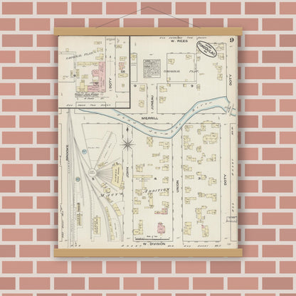 Old map wall art mockup — magnetic wood frame on brick wall — Sanborn Fire Insurance Map from Fond du Lac, Fond du Lac County, Wisconsin (1884), Sheet #0009