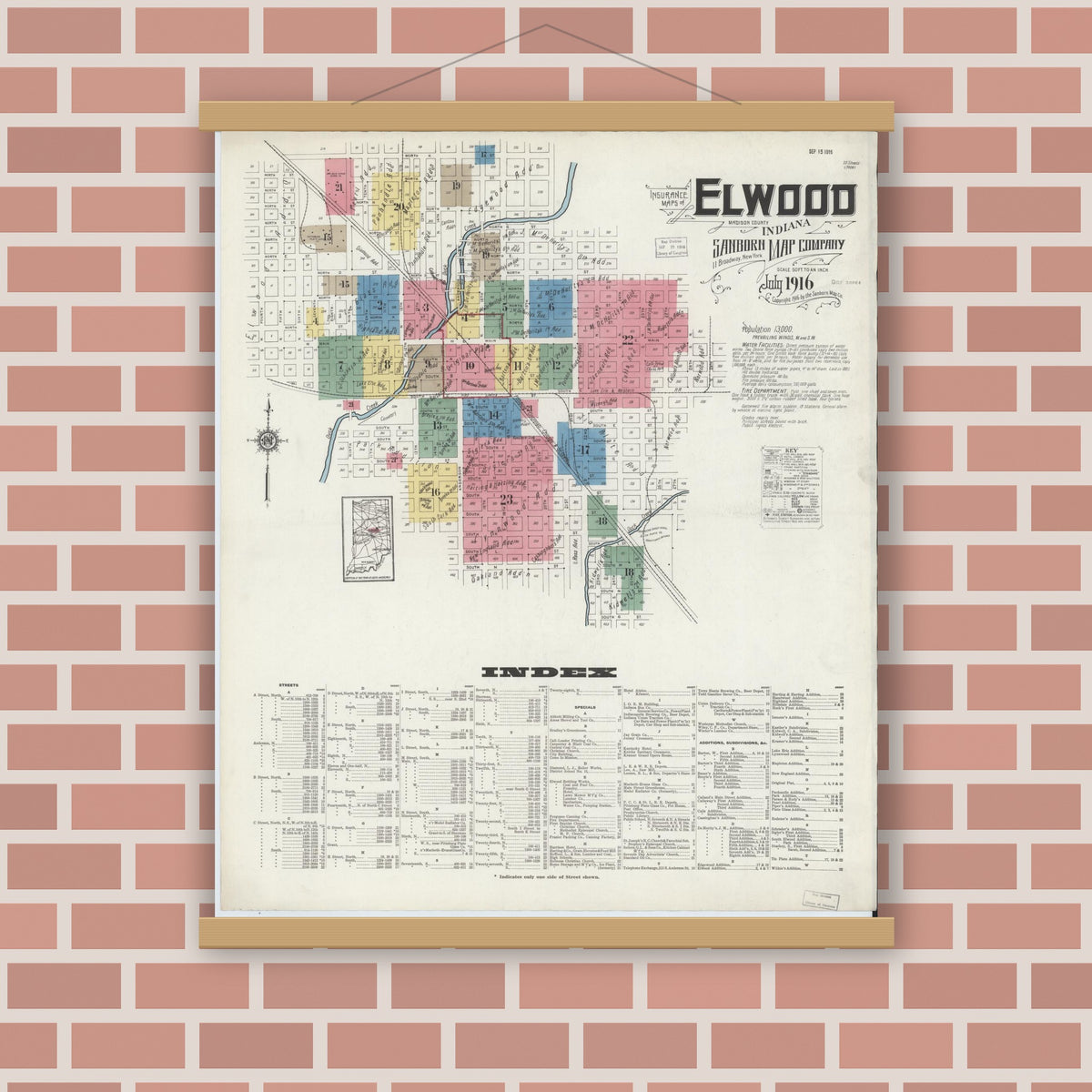 Old map wall art mockup — magnetic wood frame on brick wall — Sanborn Fire Insurance Map from Elwood, Madison County, Indiana (1916), Sheet #0001