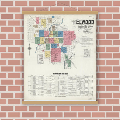 Old map wall art mockup — magnetic wood frame on brick wall — Sanborn Fire Insurance Map from Elwood, Madison County, Indiana (1916), Sheet #0001