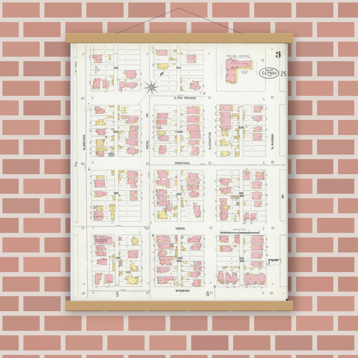 Old map wall art mockup — magnetic wood frame on brick wall — Sanborn Fire Insurance Map from El Paso, El Paso County, Texas (1902), Sheet #0003