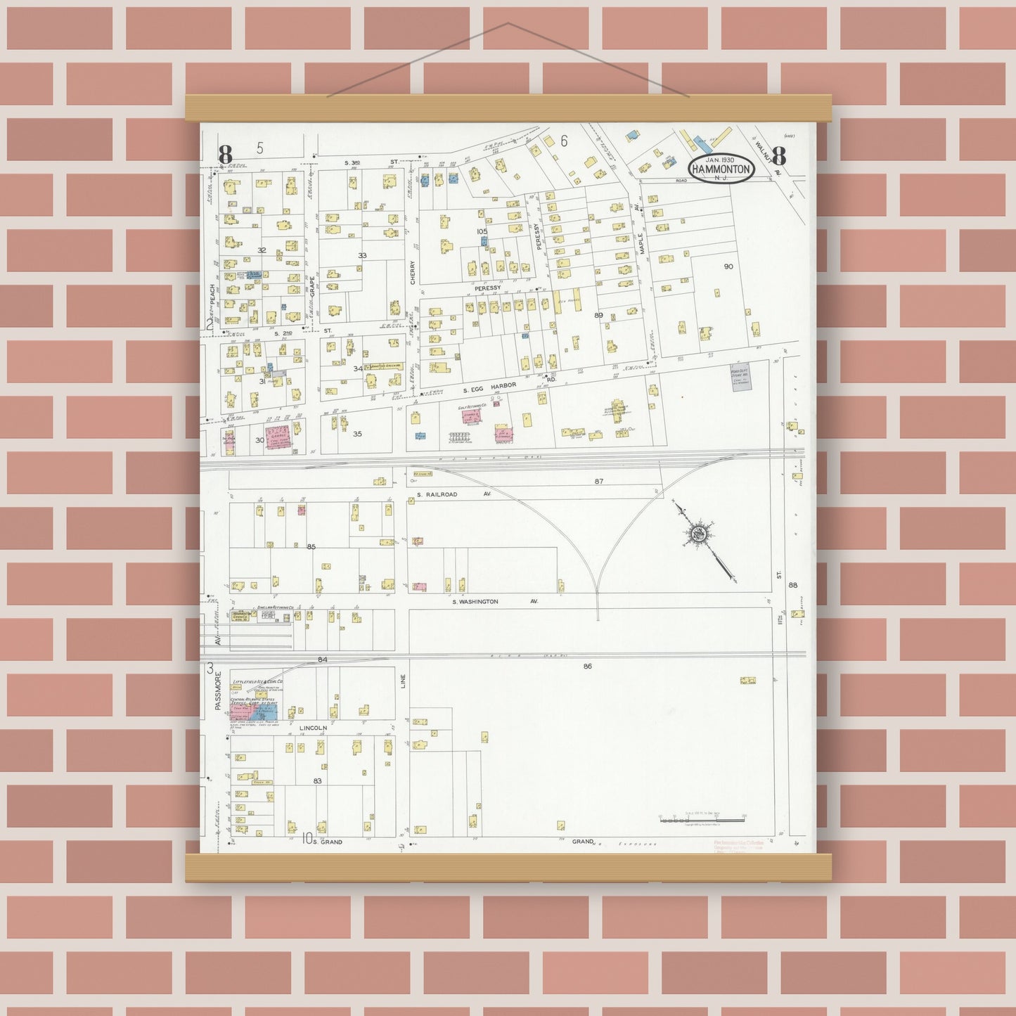Old map wall art mockup — magnetic wood frame on brick wall — Sanborn Fire Insurance Map from Hammonton, Atlantic County, New Jersey (1930), Sheet #0008