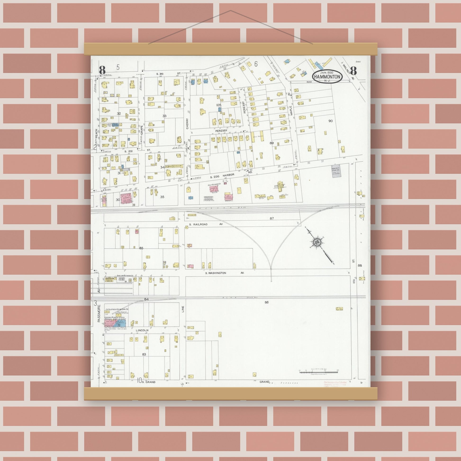 Old map wall art mockup — magnetic wood frame on brick wall — Sanborn Fire Insurance Map from Hammonton, Atlantic County, New Jersey (1930), Sheet #0008
