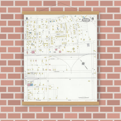 Old map wall art mockup — magnetic wood frame on brick wall — Sanborn Fire Insurance Map from Hammonton, Atlantic County, New Jersey (1930), Sheet #0008