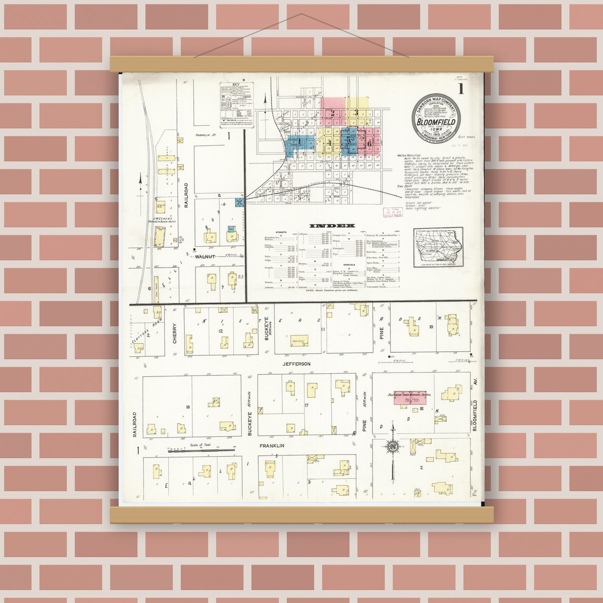Old map wall art mockup — magnetic wood frame on brick wall — Sanborn Fire Insurance Map from Bloomfield, Davis County, Iowa (1913) â€” Complete Set