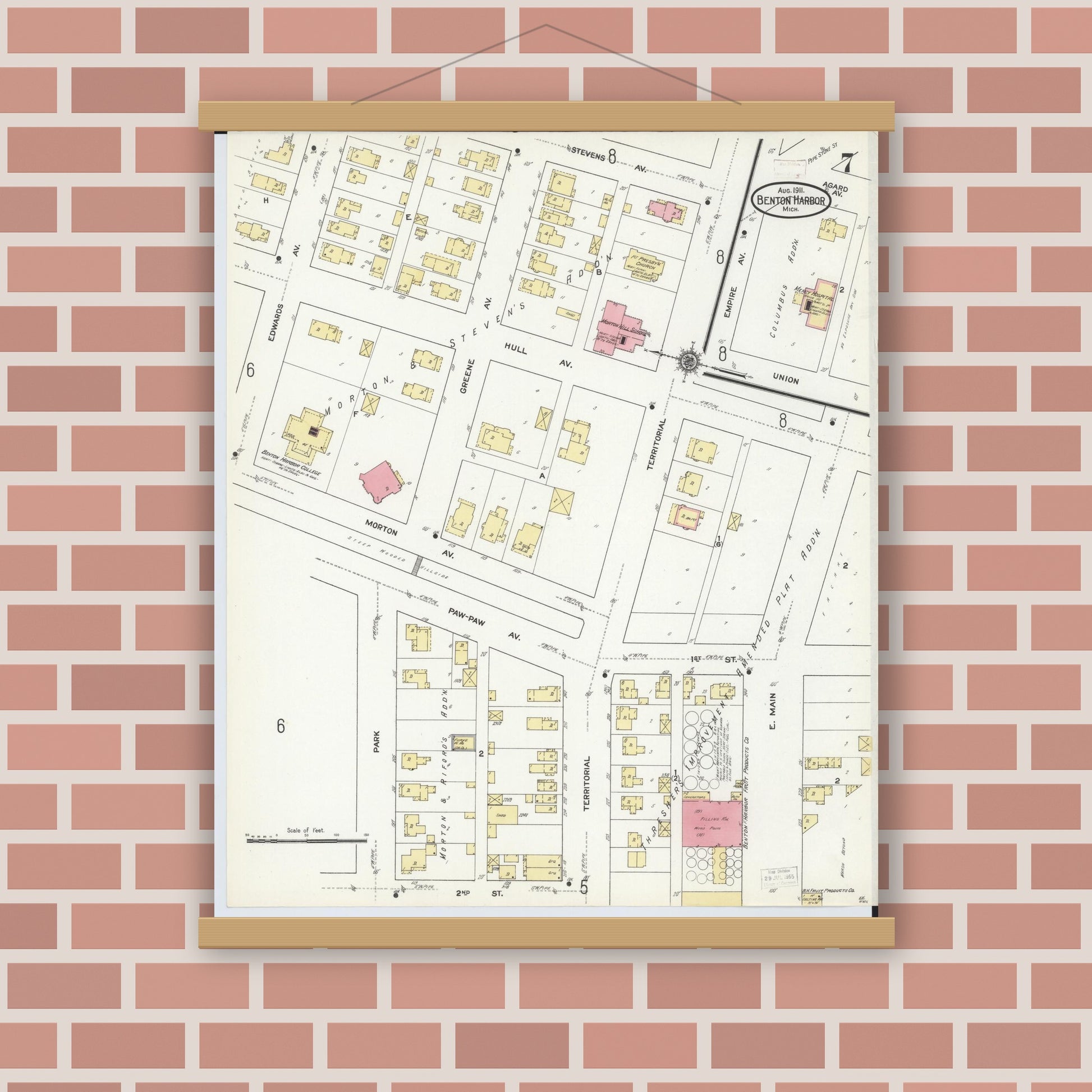 Old map wall art mockup — magnetic wood frame on brick wall — Sanborn Fire Insurance Map from Benton Harbor, Berrien County, Michigan (1911), Sheet #0007