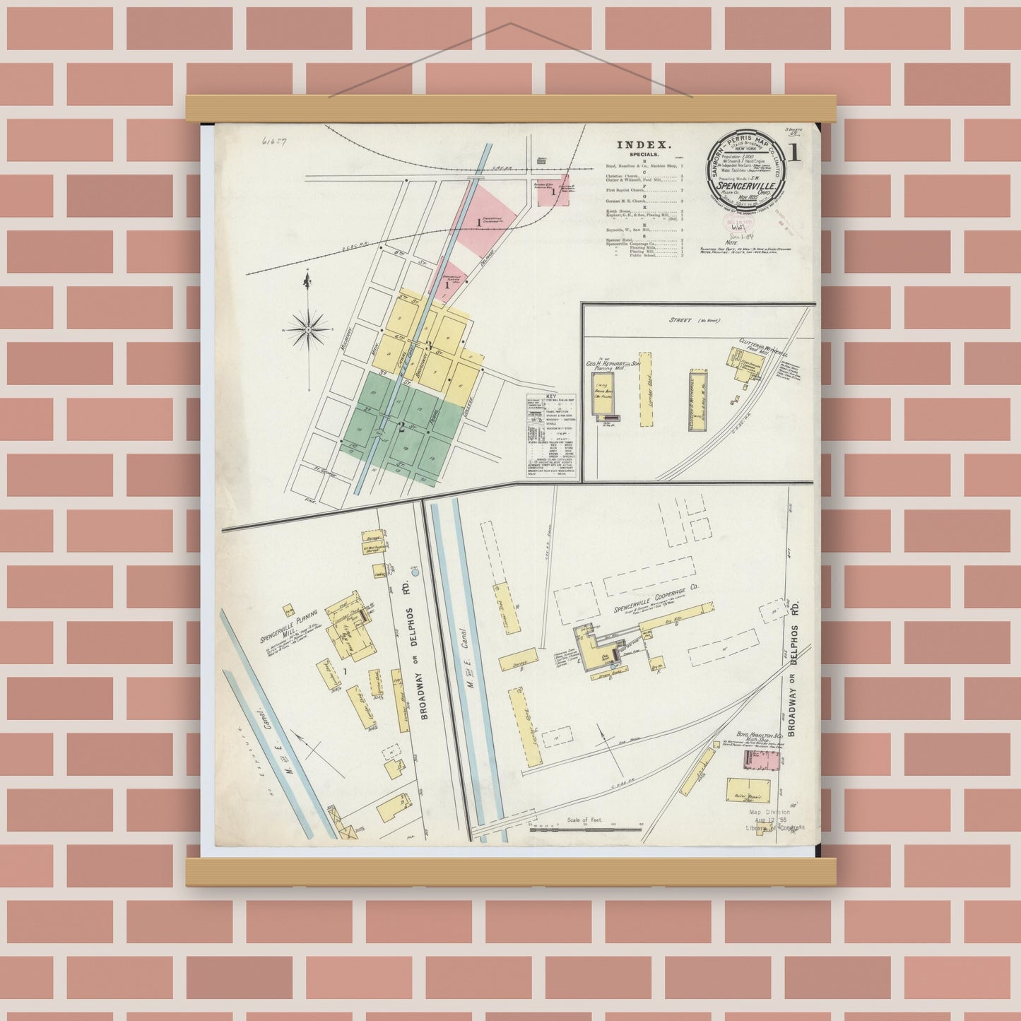 Old map wall art mockup — magnetic wood frame on brick wall — Sanborn Fire Insurance Map from Spencerville, Allen County, Ohio (1895) - Complete Map Set