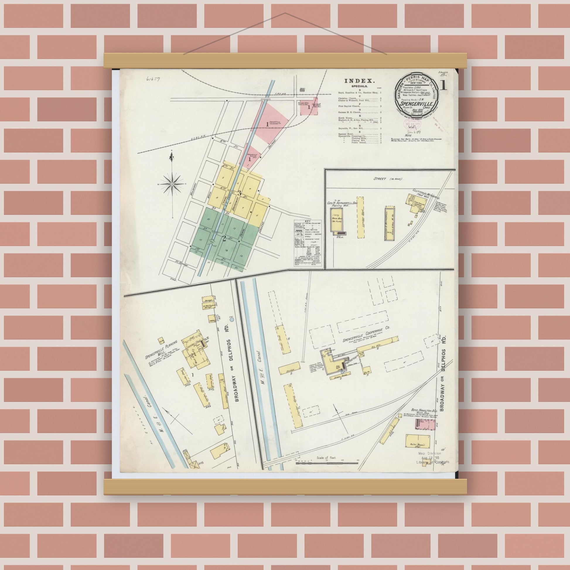 Old map wall art mockup — magnetic wood frame on brick wall — Sanborn Fire Insurance Map from Spencerville, Allen County, Ohio (1895) - Complete Map Set