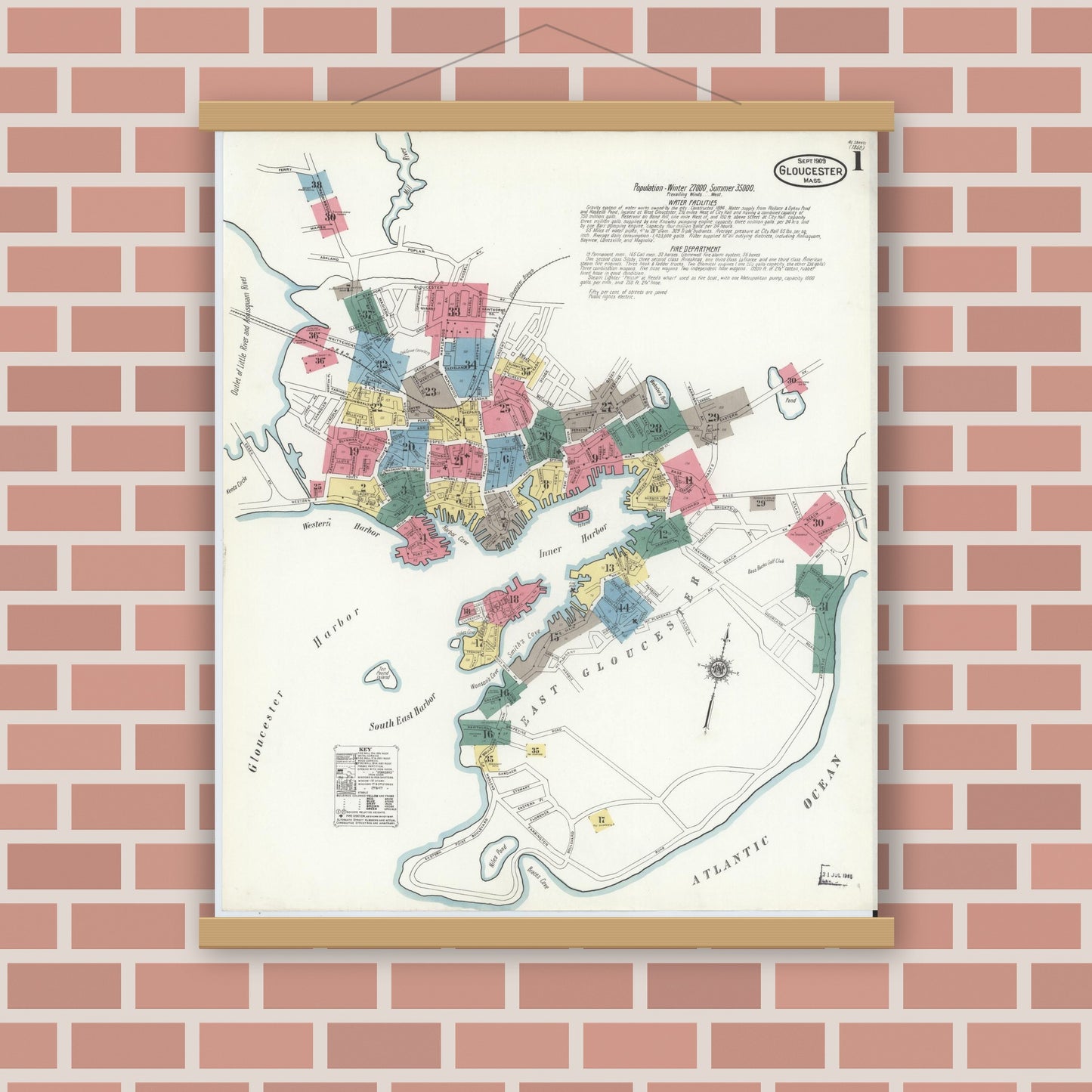 Old map wall art mockup — magnetic wood frame on brick wall — Sanborn Fire Insurance Map from Gloucester, Essex County, Massachusetts (1909), Sheet #0001