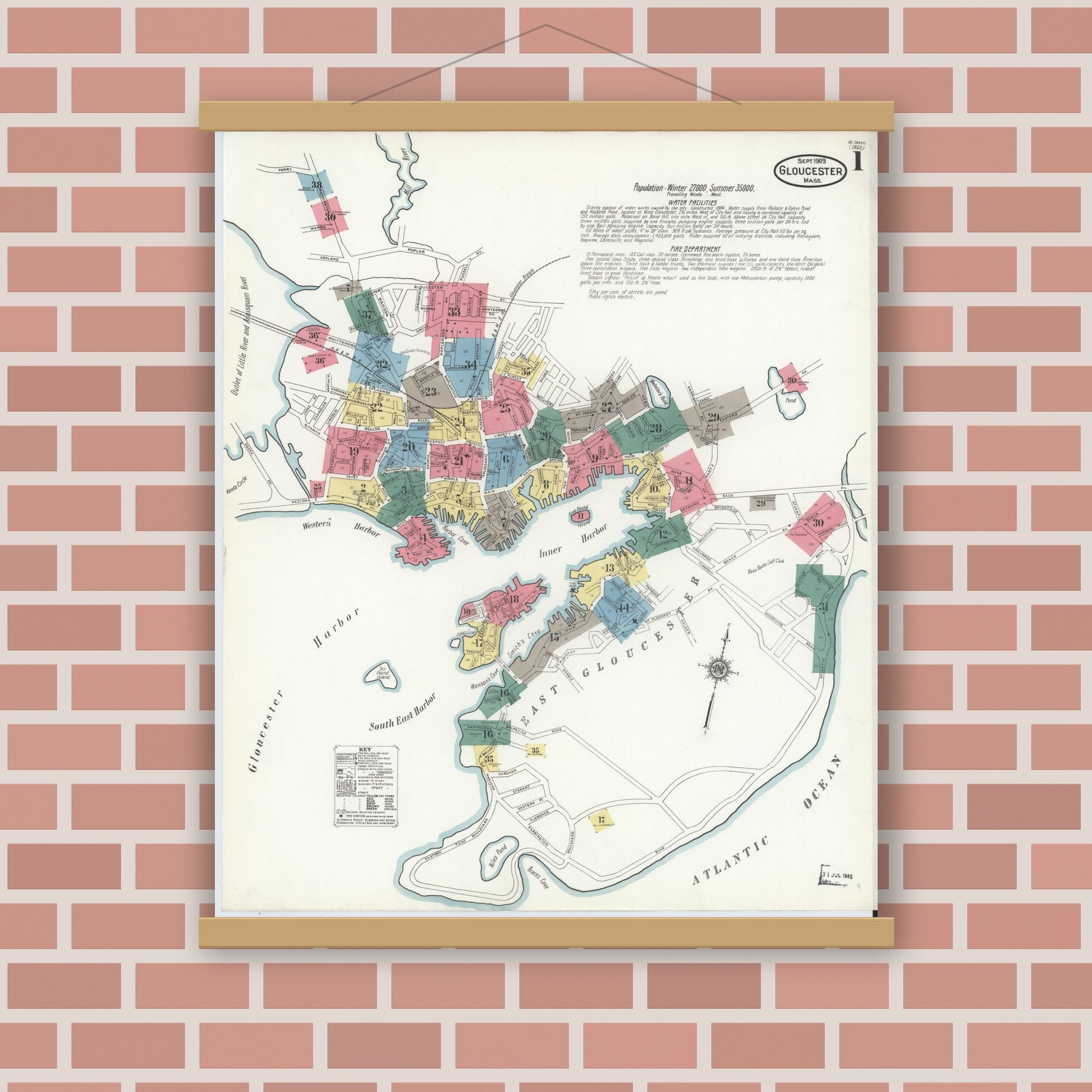 Old map wall art mockup — magnetic wood frame on brick wall — Sanborn Fire Insurance Map from Gloucester, Essex County, Massachusetts (1909), Sheet #0001