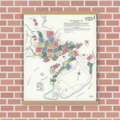 Old map wall art mockup — magnetic wood frame on brick wall — Sanborn Fire Insurance Map from Gloucester, Essex County, Massachusetts (1909), Sheet #0001