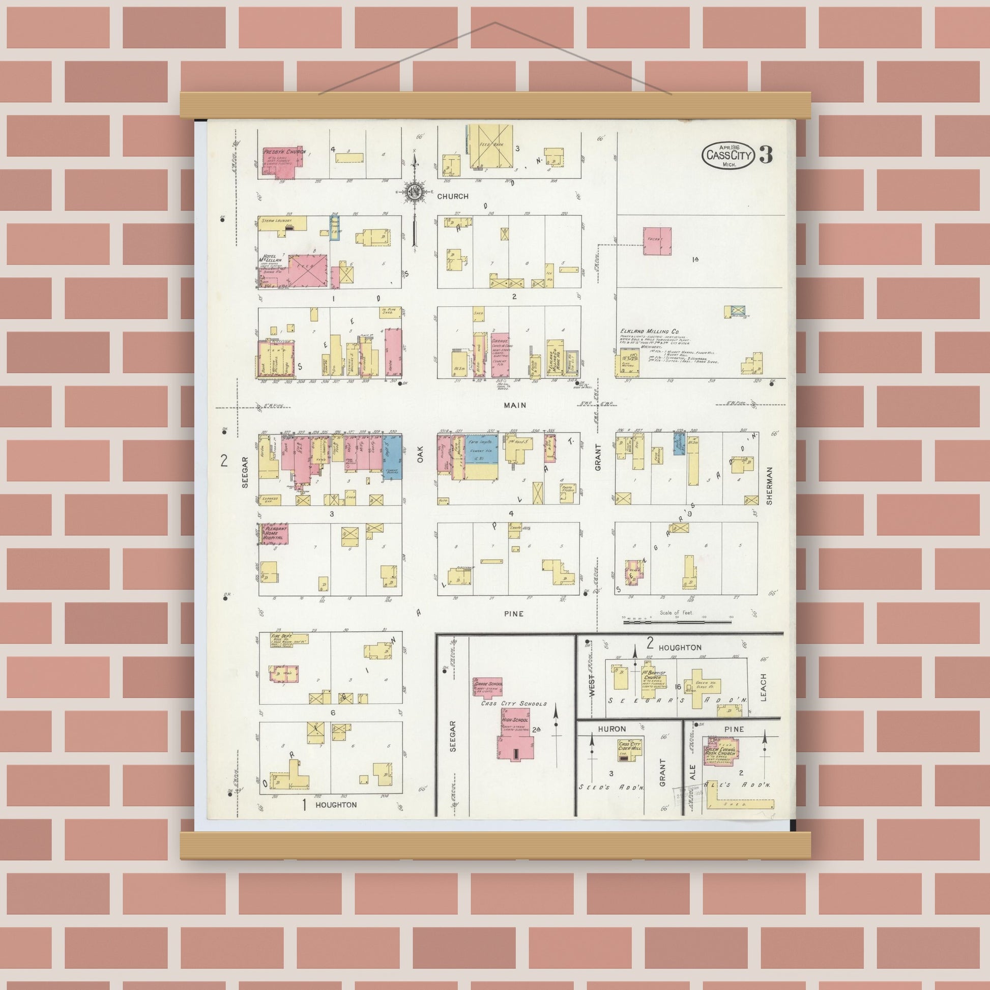 Old map wall art mockup — magnetic wood frame on brick wall — Sanborn Fire Insurance Map from Cass City, Tuscola County, Michigan (1916), Sheet #0003