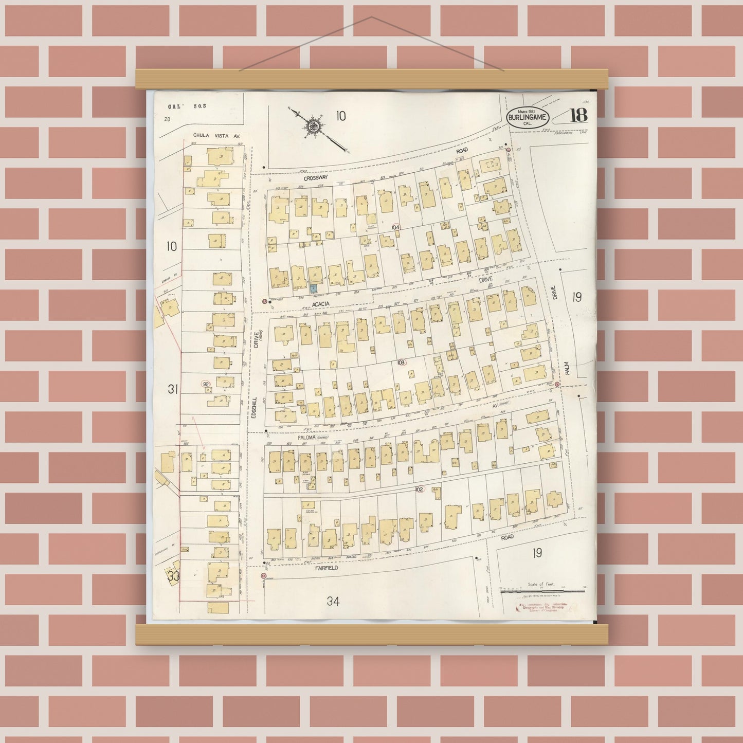 Old map wall art mockup — magnetic wood frame on brick wall — Sanborn Fire Insurance Map from Burlingame, San Mateo County, California (1949), Sheet #0018