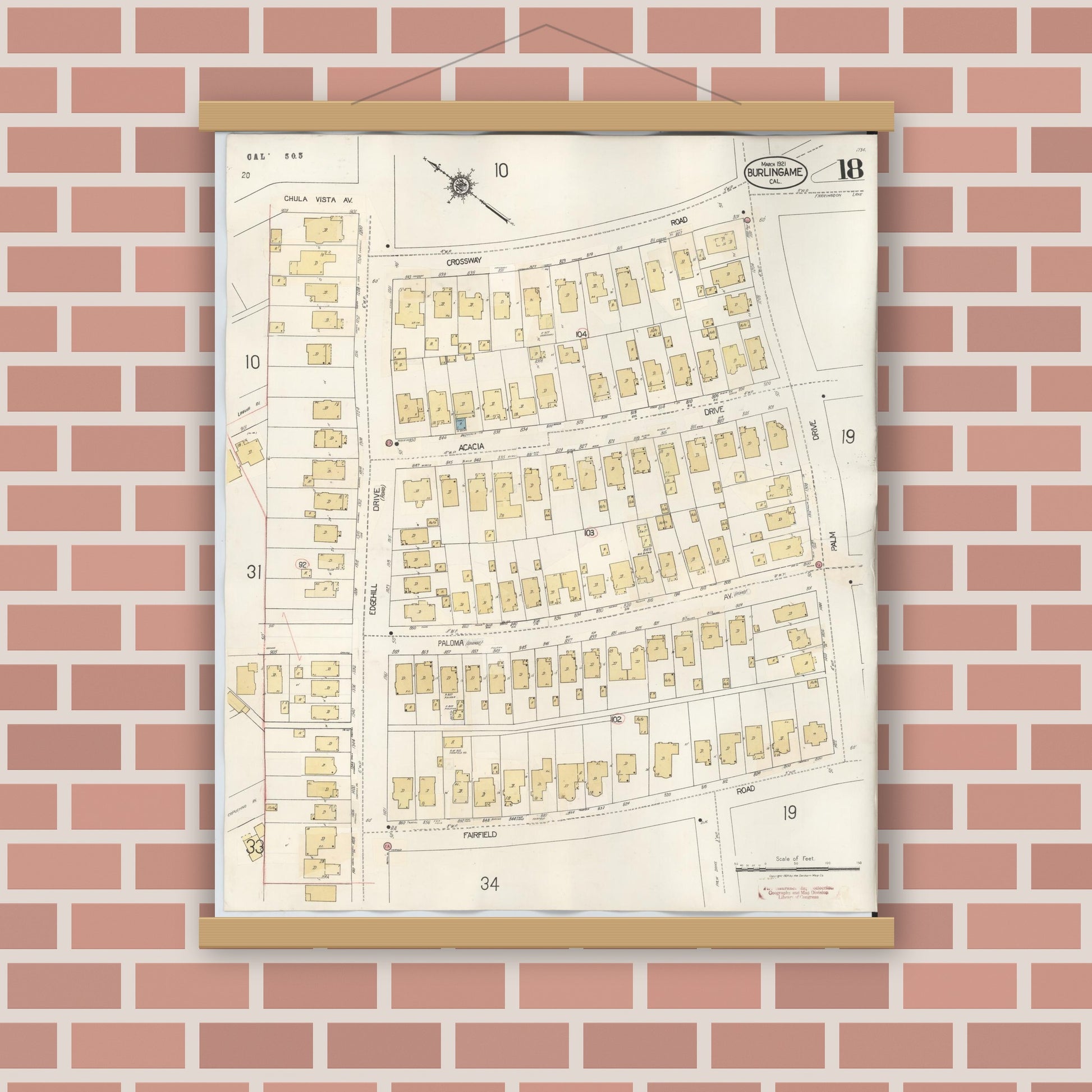 Old map wall art mockup — magnetic wood frame on brick wall — Sanborn Fire Insurance Map from Burlingame, San Mateo County, California (1949), Sheet #0018