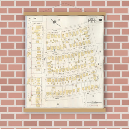 Old map wall art mockup — magnetic wood frame on brick wall — Sanborn Fire Insurance Map from Burlingame, San Mateo County, California (1949), Sheet #0018
