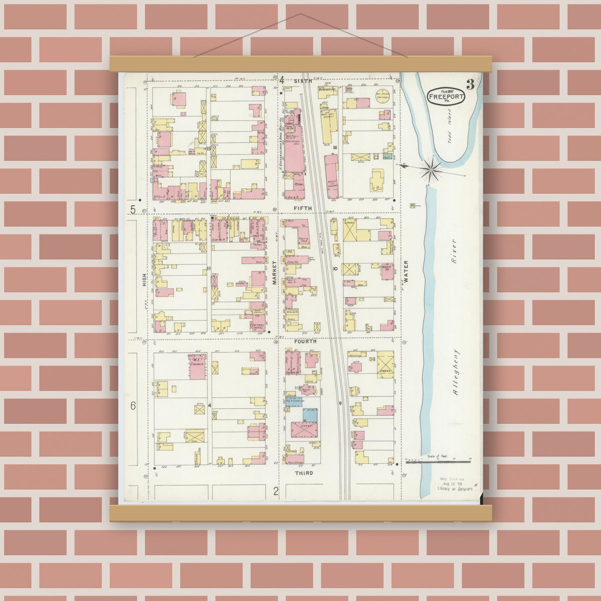 Old map wall art mockup — magnetic wood frame on brick wall — Sanborn Fire Insurance Map from Freeport, Armstrong County, Pennsylvania (1897), Sheet #0003