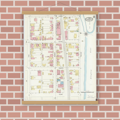 Old map wall art mockup — magnetic wood frame on brick wall — Sanborn Fire Insurance Map from Freeport, Armstrong County, Pennsylvania (1897), Sheet #0003