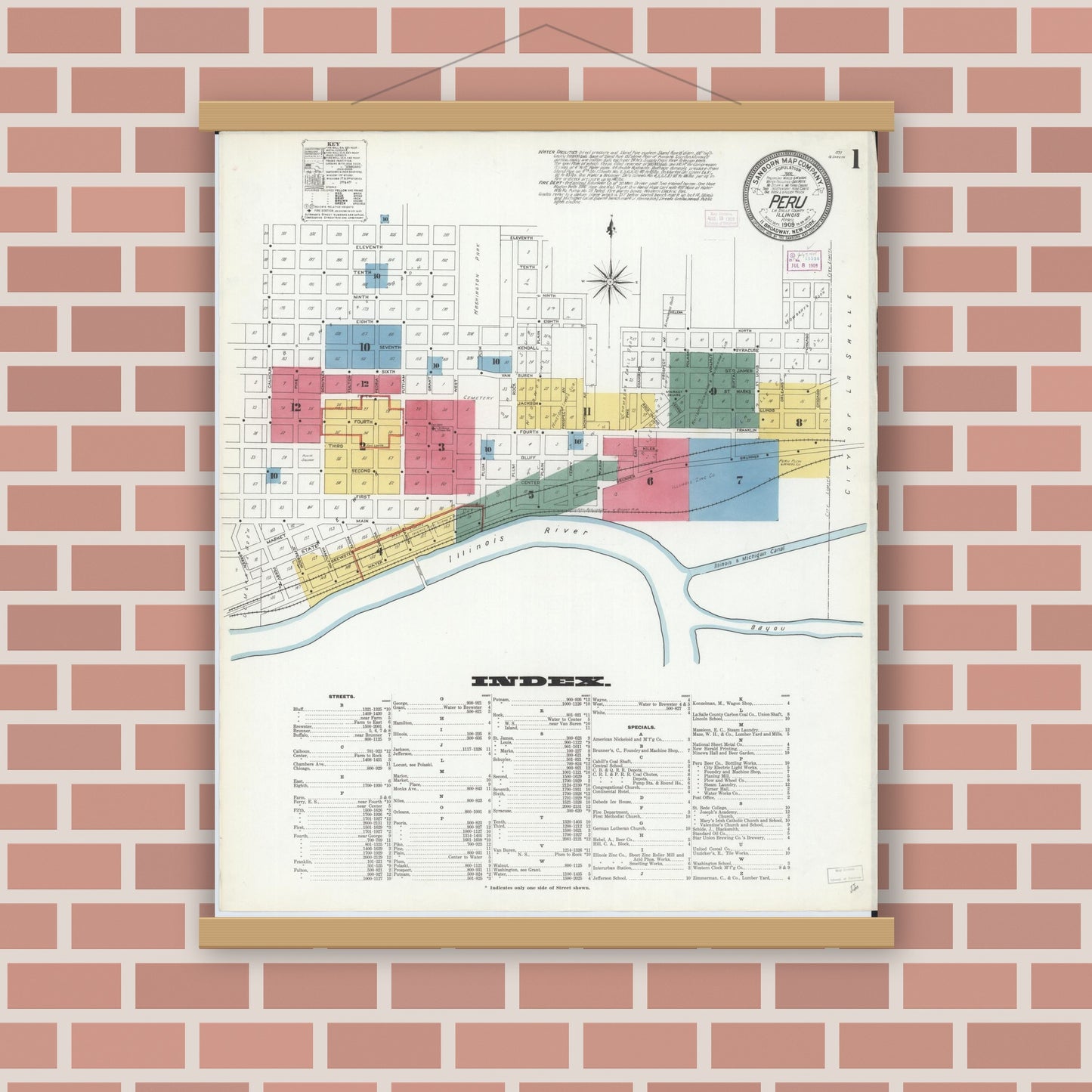 Old map wall art mockup — magnetic wood frame on brick wall — Sanborn Fire Insurance Map from Peru, La Salle County, Illinois (1909) - Complete Map Set