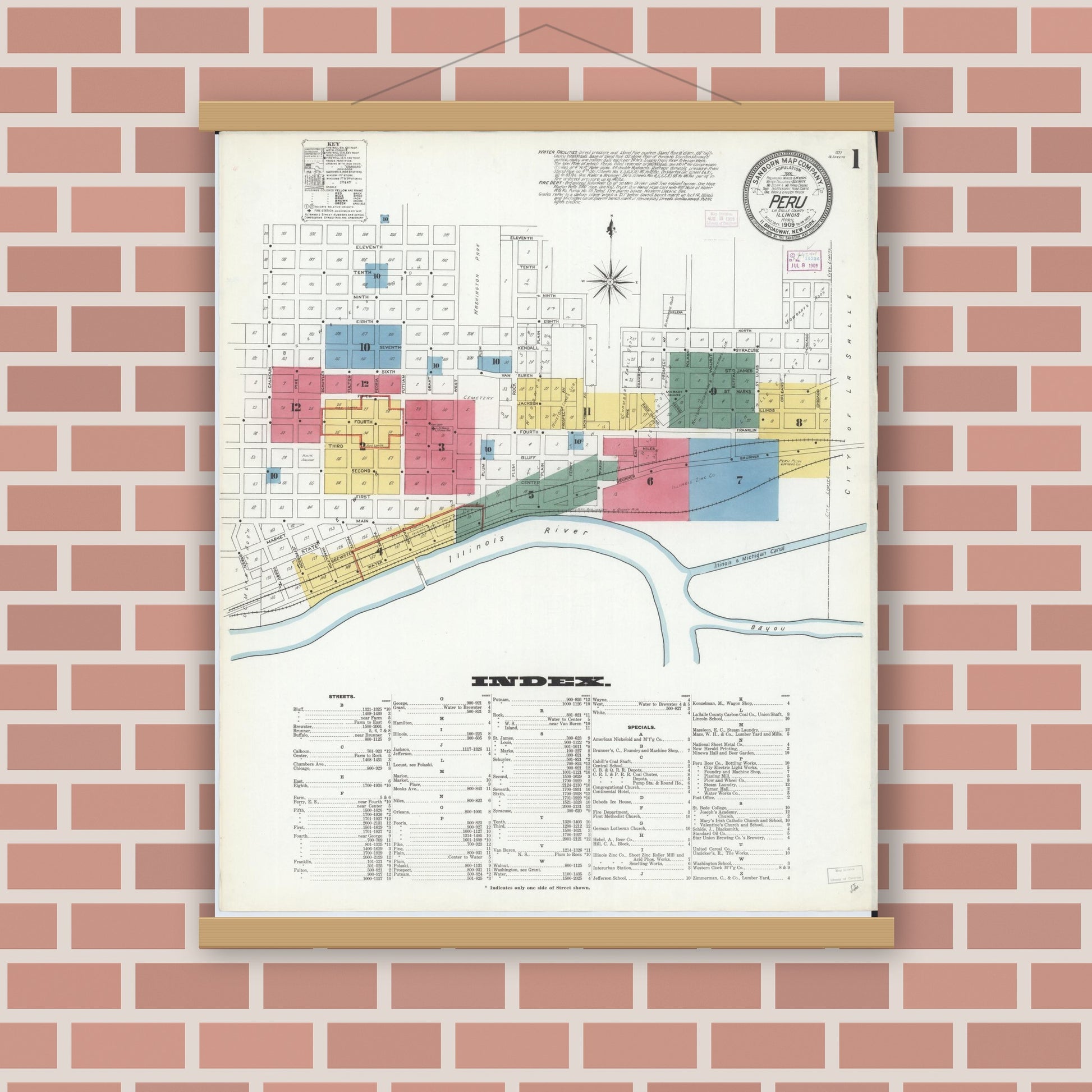Old map wall art mockup — magnetic wood frame on brick wall — Sanborn Fire Insurance Map from Peru, La Salle County, Illinois (1909) - Complete Map Set