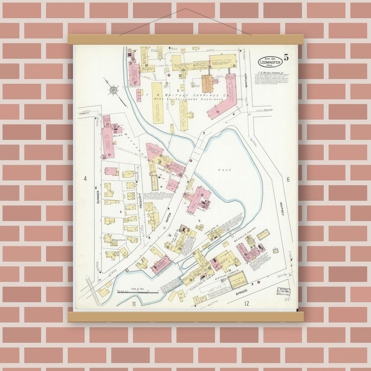 Old map wall art mockup — magnetic wood frame on brick wall — Sanborn Fire Insurance Map from Leominster, Worcester County, Massachusetts (1912), Sheet #0005