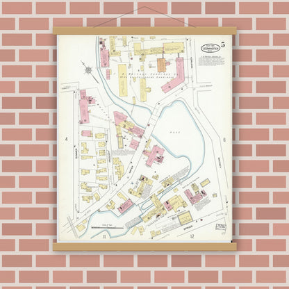 Old map wall art mockup — magnetic wood frame on brick wall — Sanborn Fire Insurance Map from Leominster, Worcester County, Massachusetts (1912), Sheet #0005